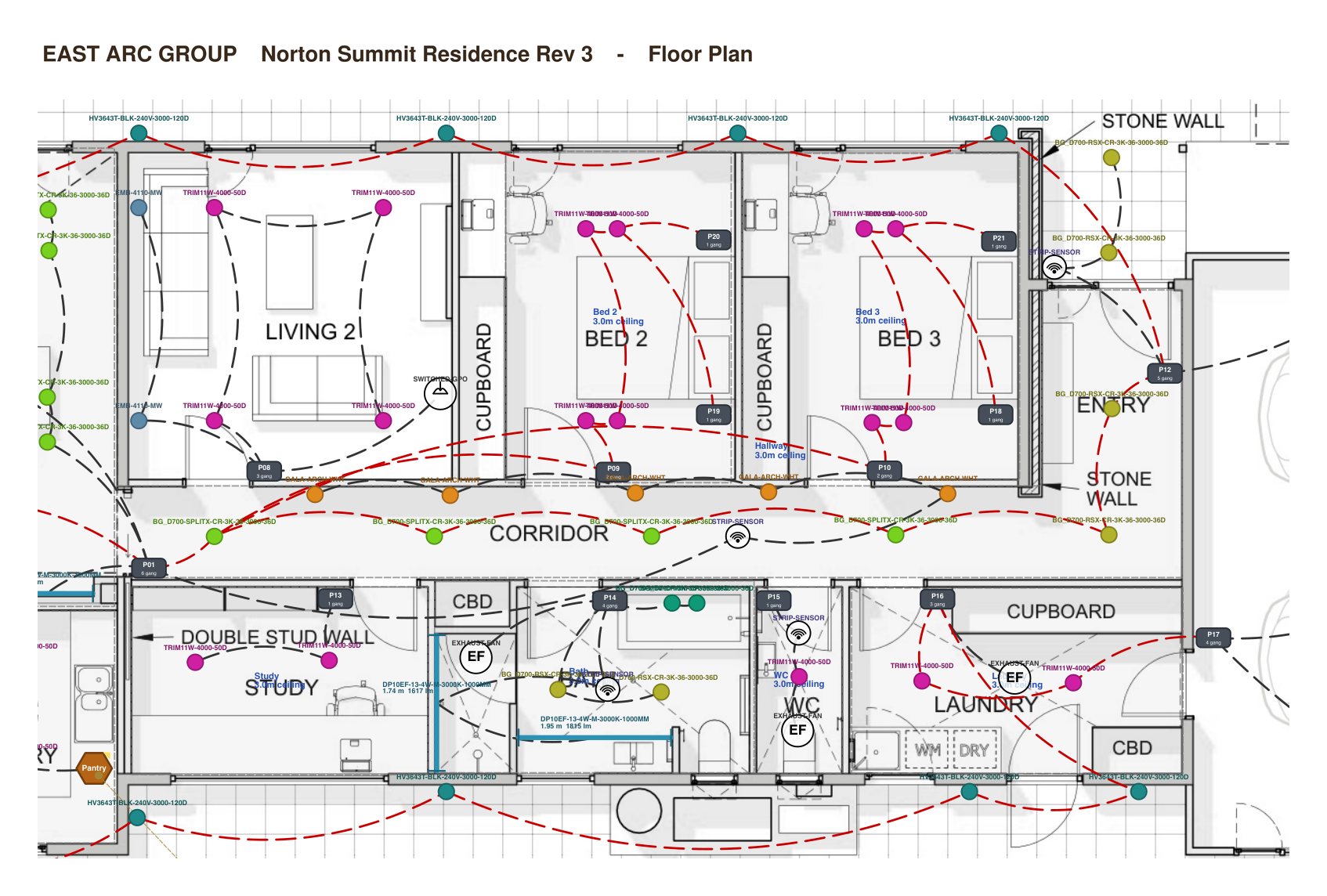 Extract from the East Arc Group lighting plan for the Norton Summit Residence, showing every fitting with its product code, circuit runs, and multi-gang switch plates labelled room by room
